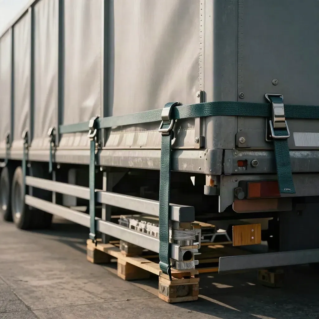 Close macro of freight trailer straps, dock buffers and pallet wrap at a UK loading bay.