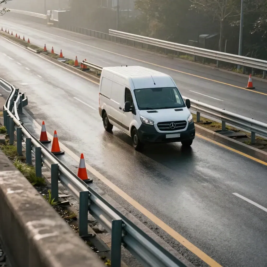White van taking the faster slip road at a wet forked junction, seen from above.