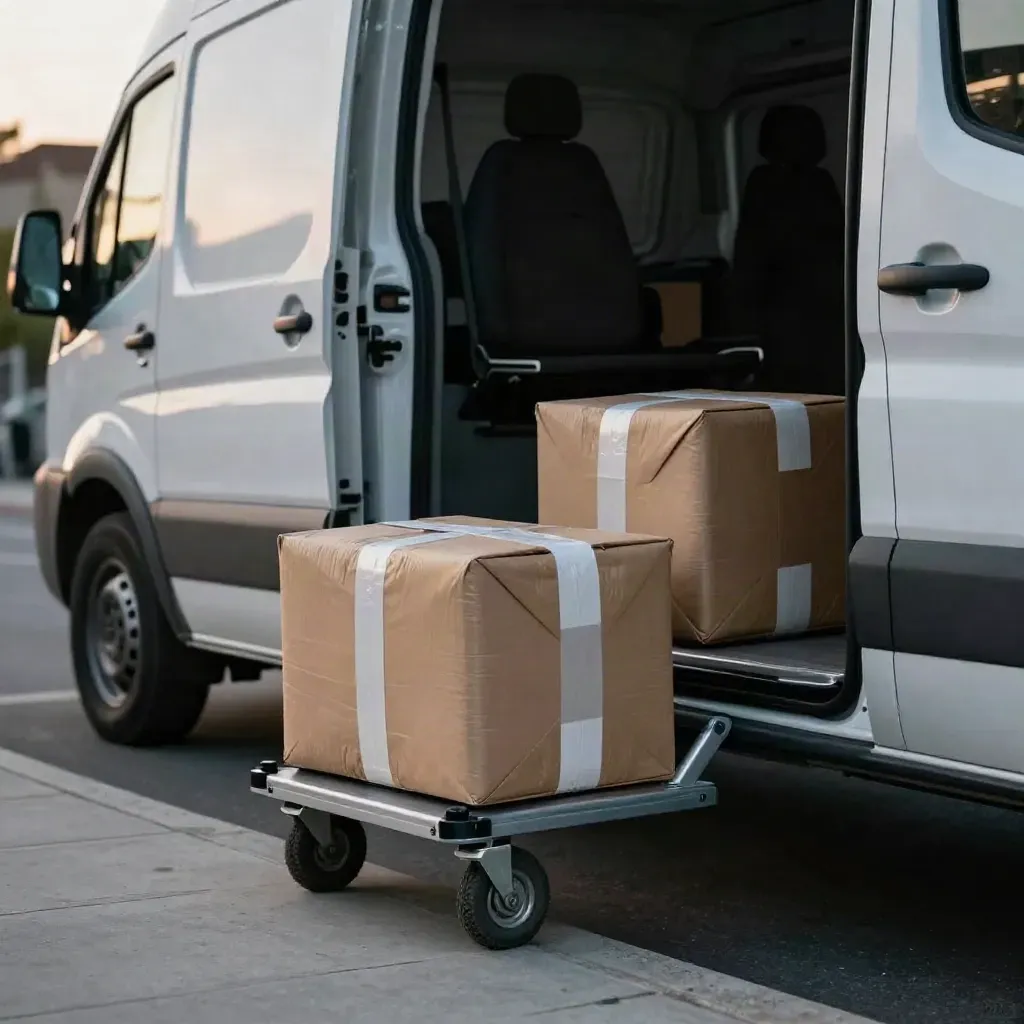 Open courier van, two sealed parcels and a fold-down trolley at a kerbside drop zone.