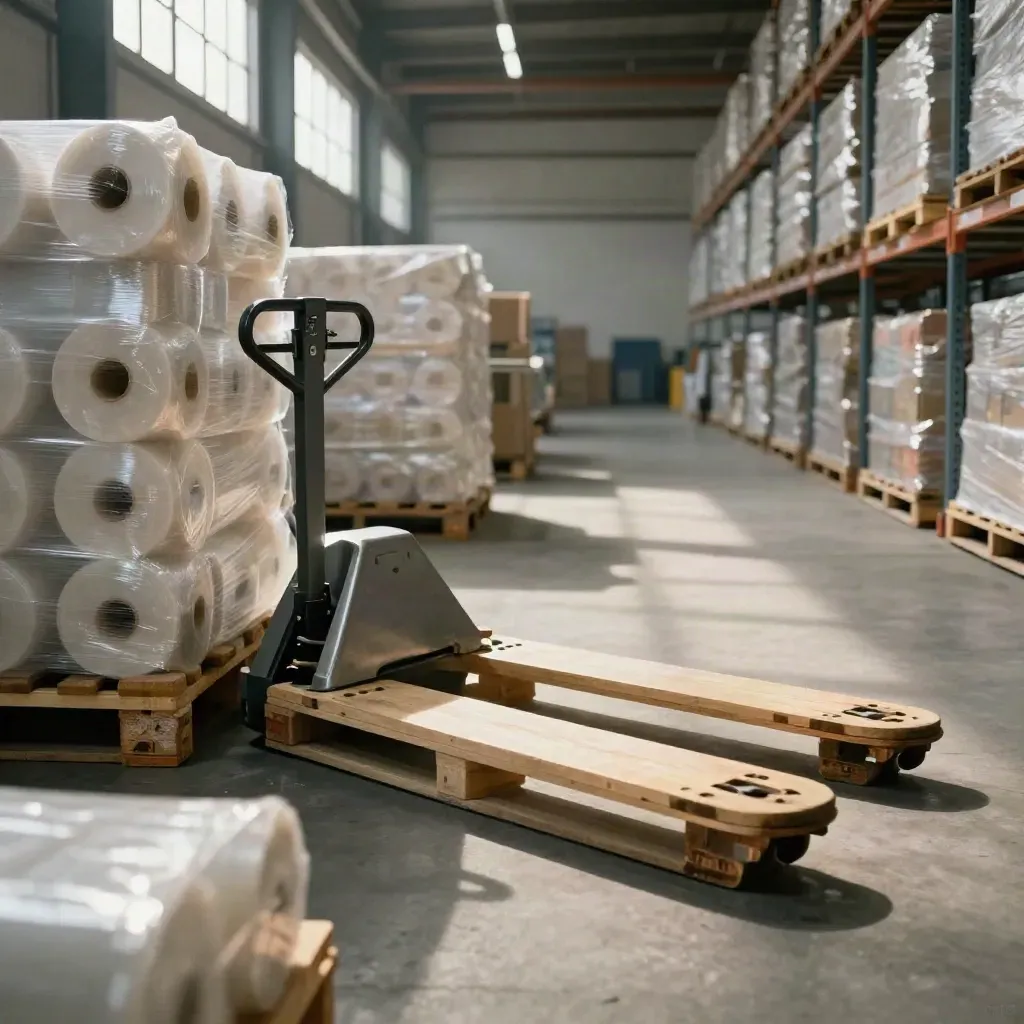 Warehouse pallets, pallet jack, and racking in a clean receiving lane