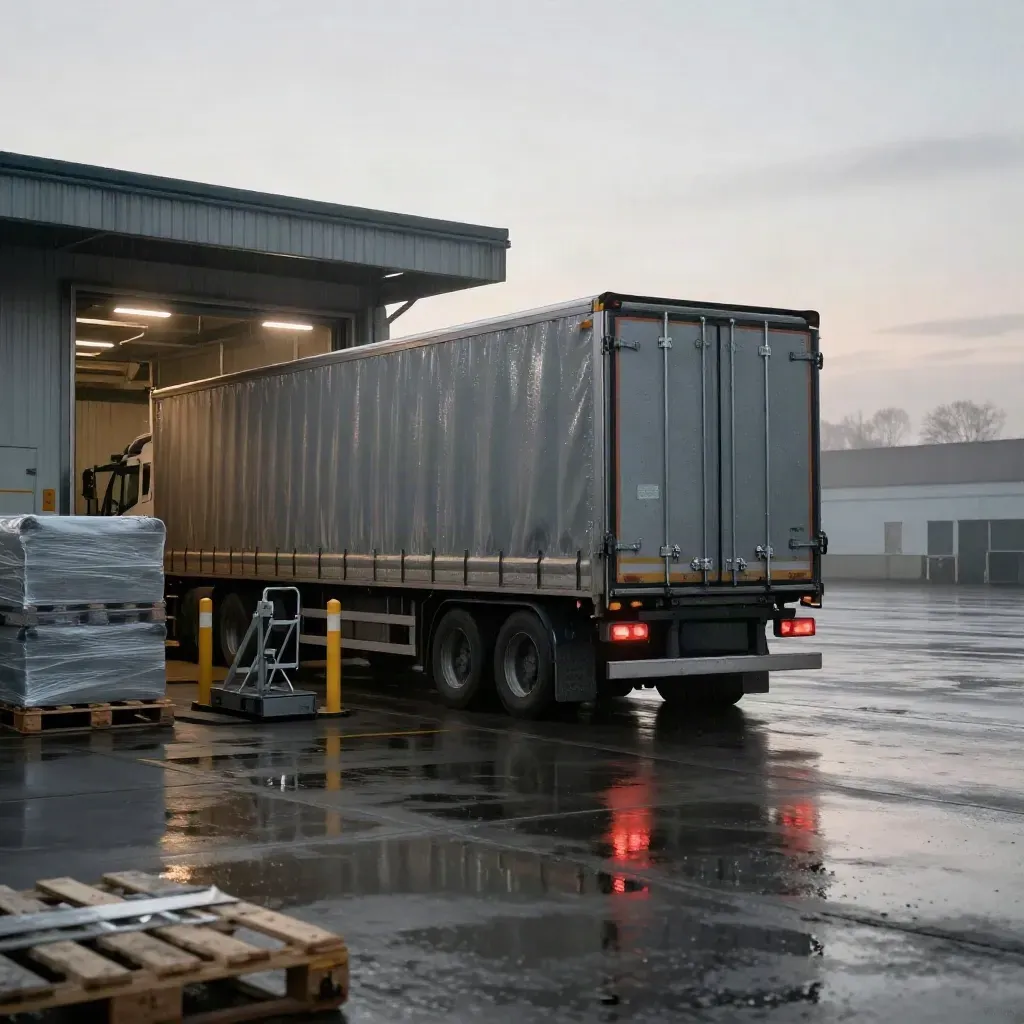 Wet cross-dock yard at dawn with a curtain-sided lorry, pallets, dock leveller and mist.