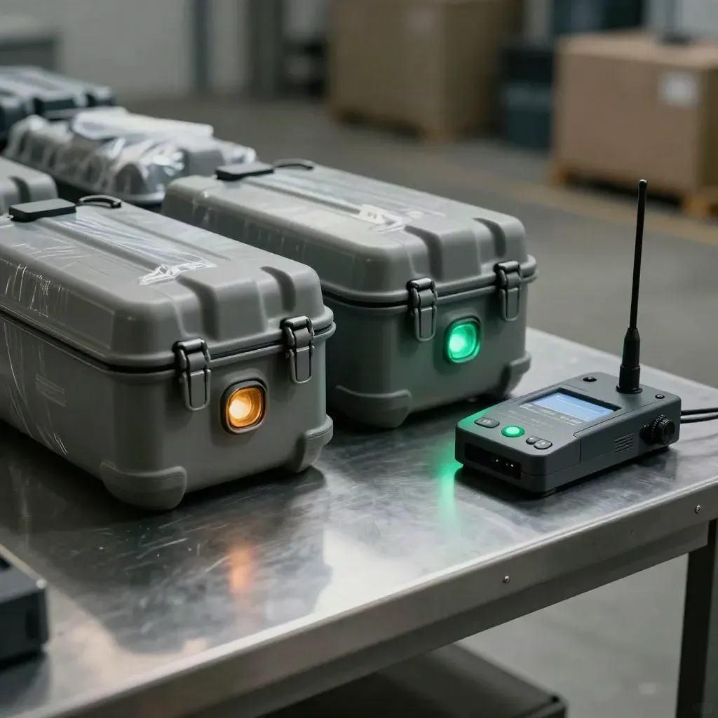Freight totes with tracker pucks and dock receiver lights shifting from amber to green