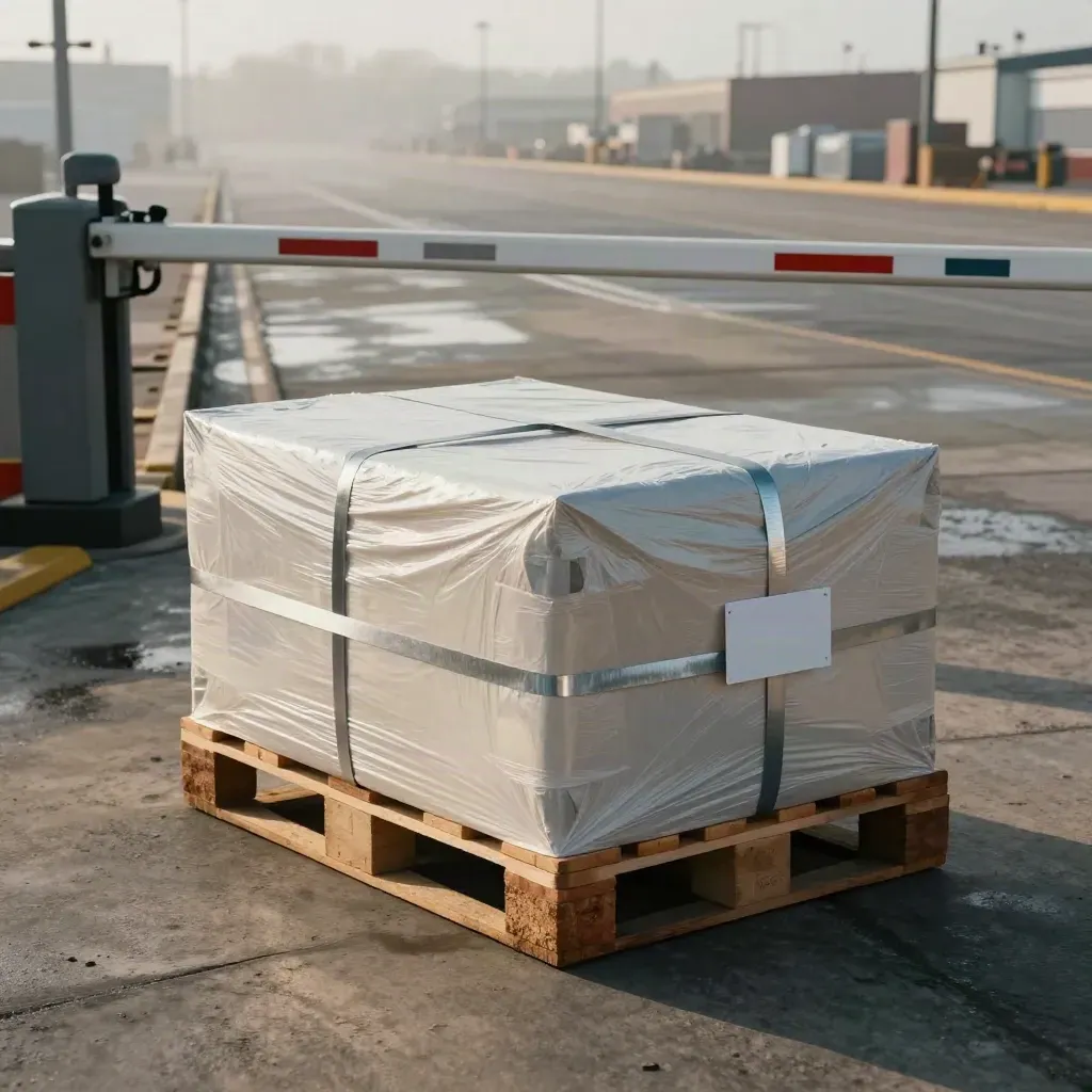 Cleared export pallet waits by a raised barrier arm in a misty UK port bay.