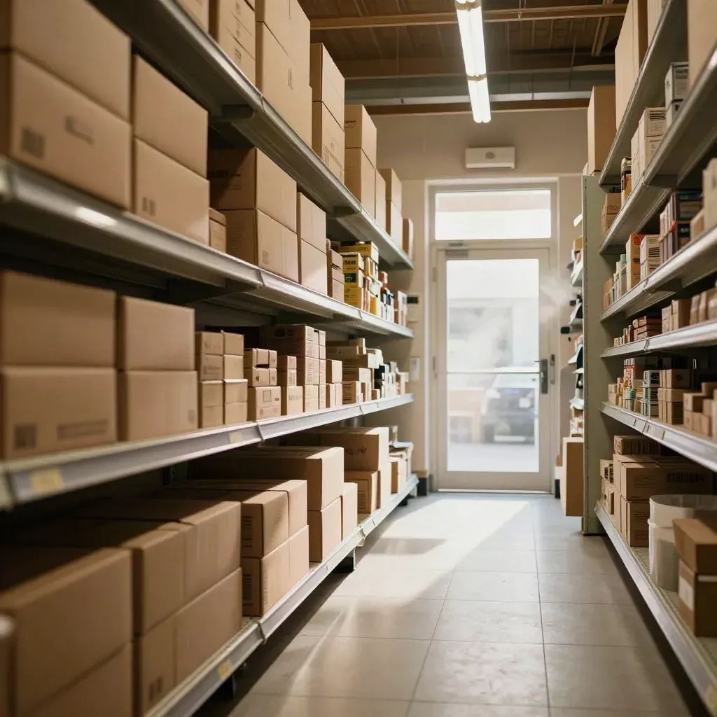 Empty retail aisle stocked with cartons, morning light at the entrance, cozy documentary style.
