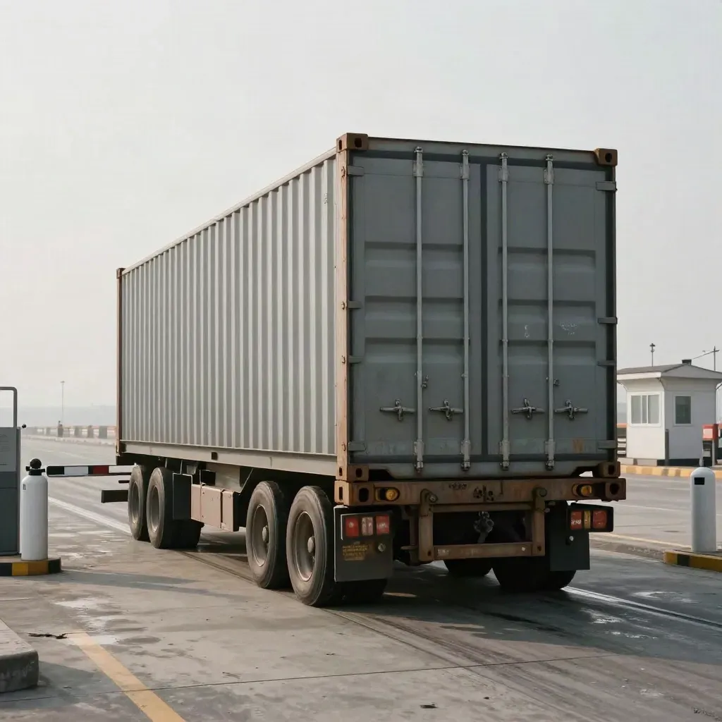 Freight container clearing a port checkpoint with a raised gate arm in sea haze.