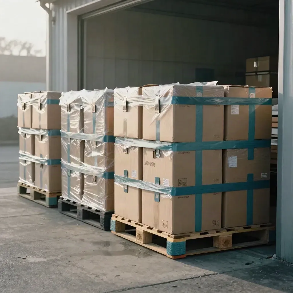 Sealed courier totes and chilled boxes staged outside a stockroom at dawn.