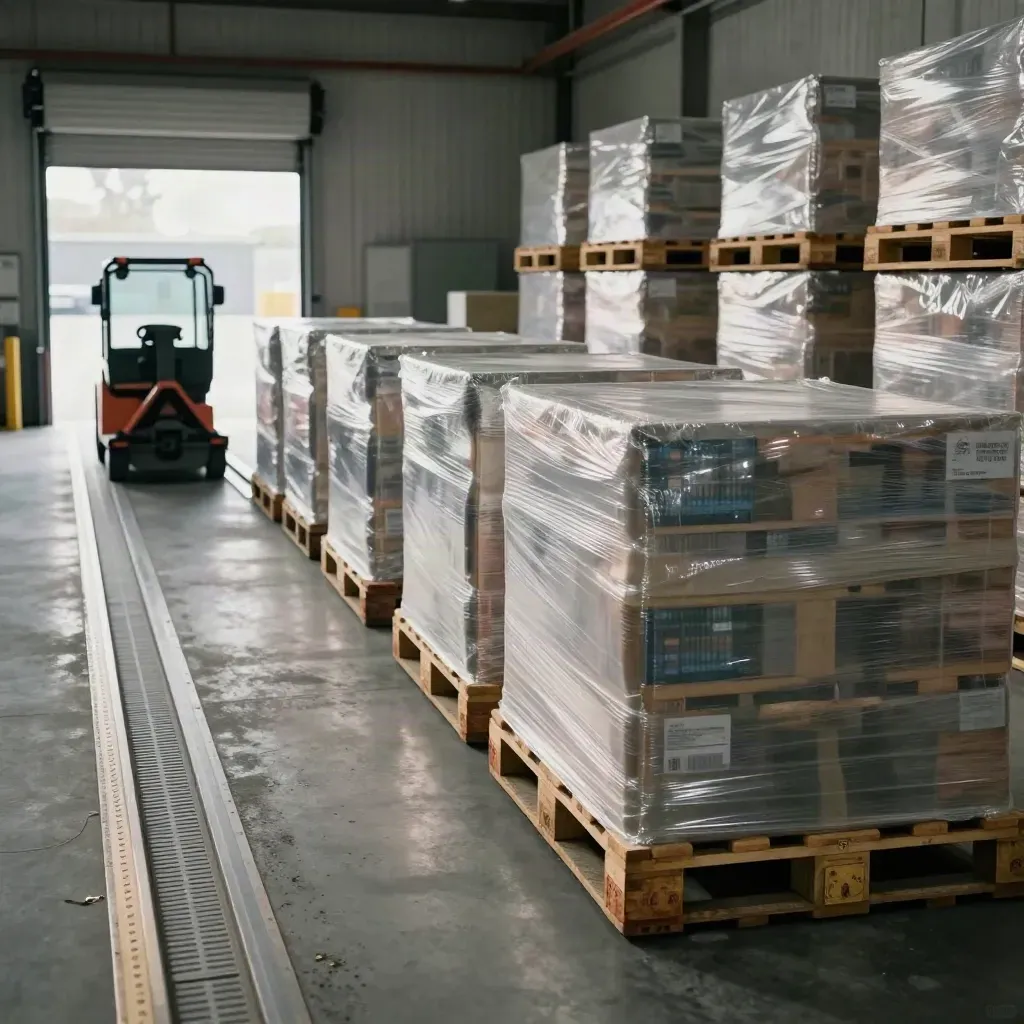 Empty warehouse aisle with aligned dock plates, pallets and parked handling equipment in dramatic light