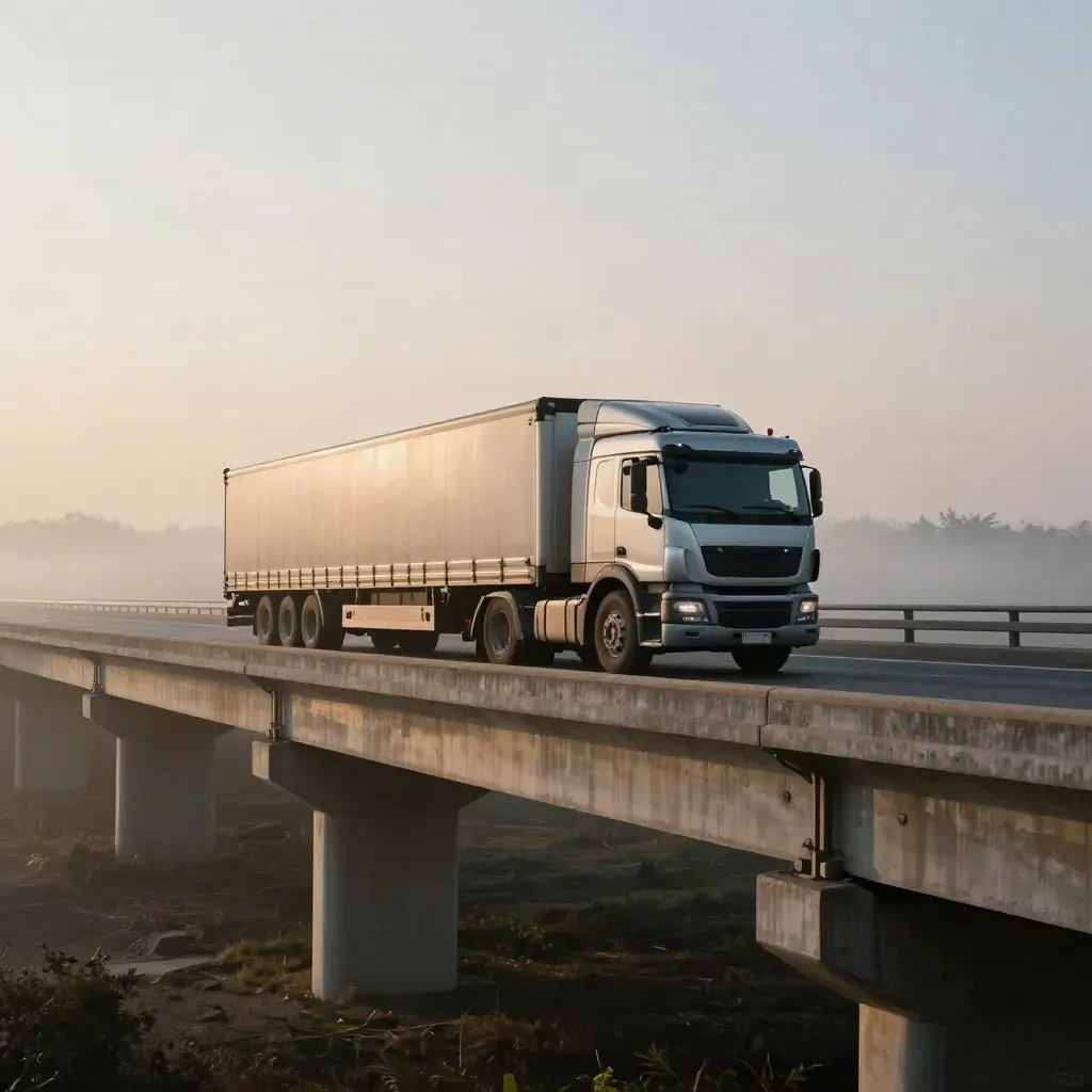 Silver freight truck crossing a misty viaduct at sunrise.