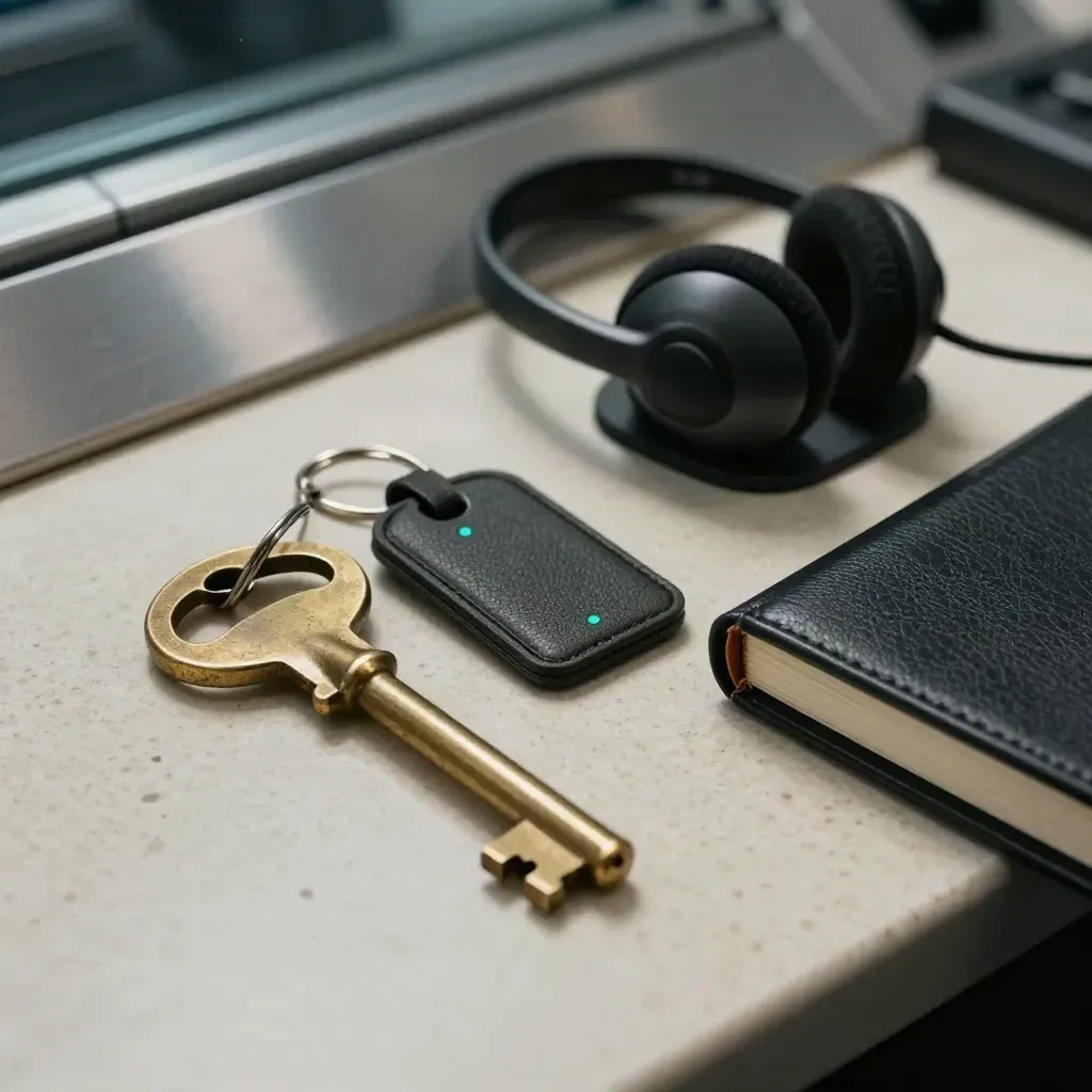 Macro still life of logistics tools: brass key, dock fobs, headset cradle and route book.
