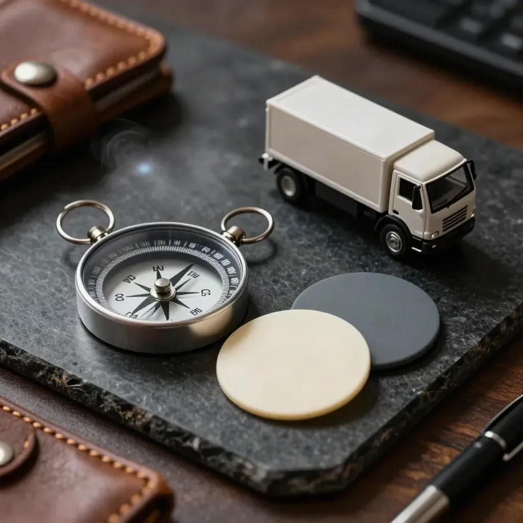 Compass, route discs, model truck and telematics dongle on dark stone under dramatic light.