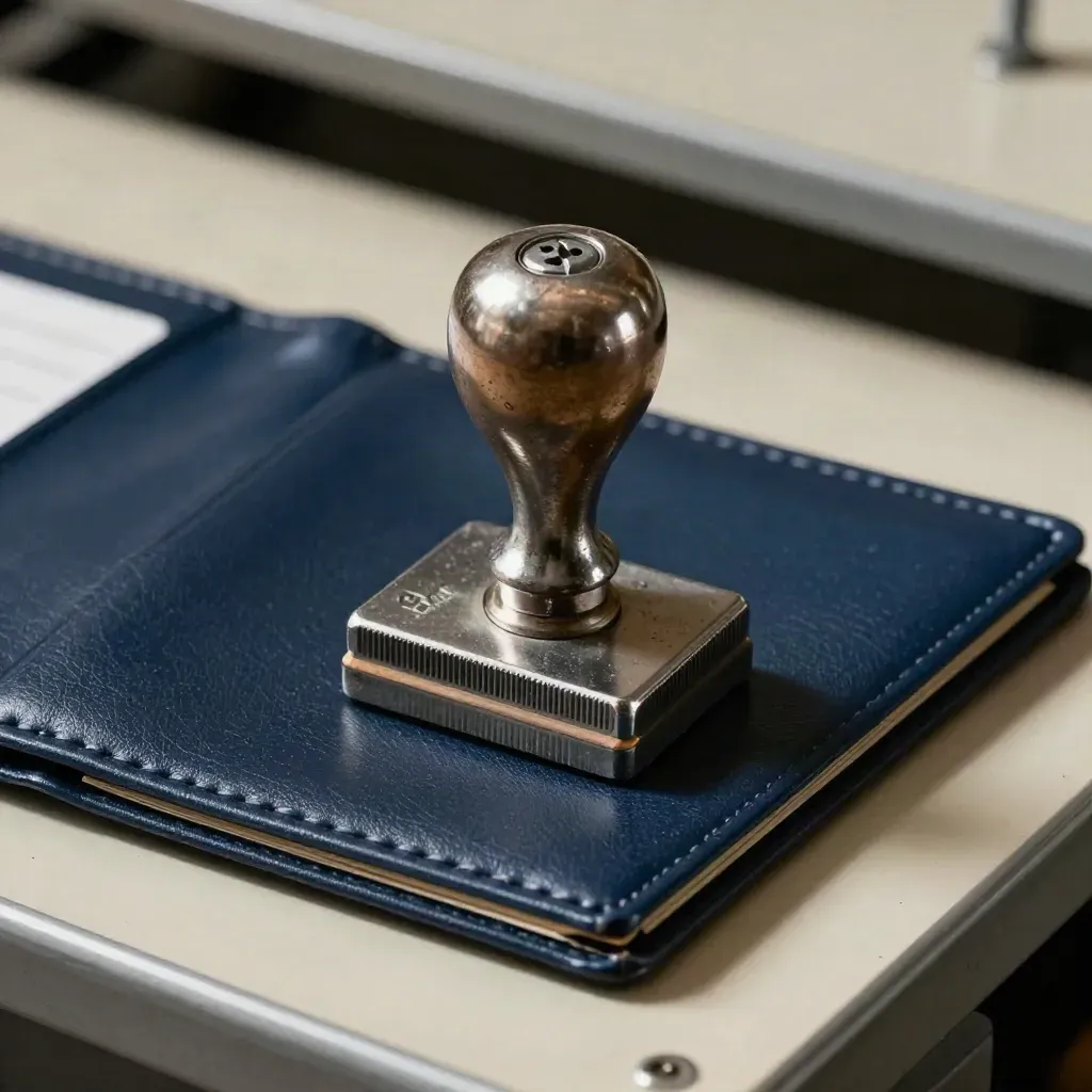 Close-up of customs stamp, tamper seal, security bolt and closed wallet on a khaki bench.