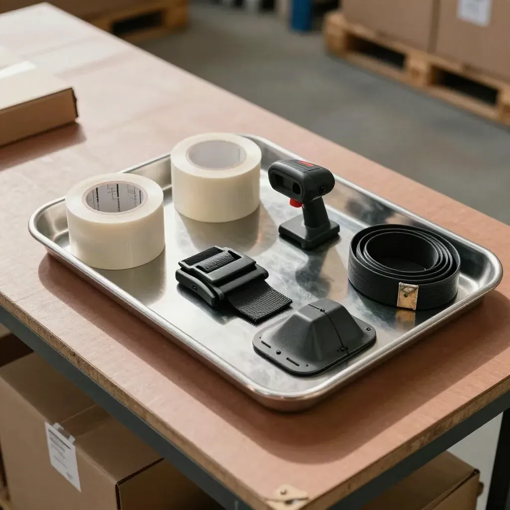 Overhead tray of warehouse tools on a terracotta packing bench with soft daylight