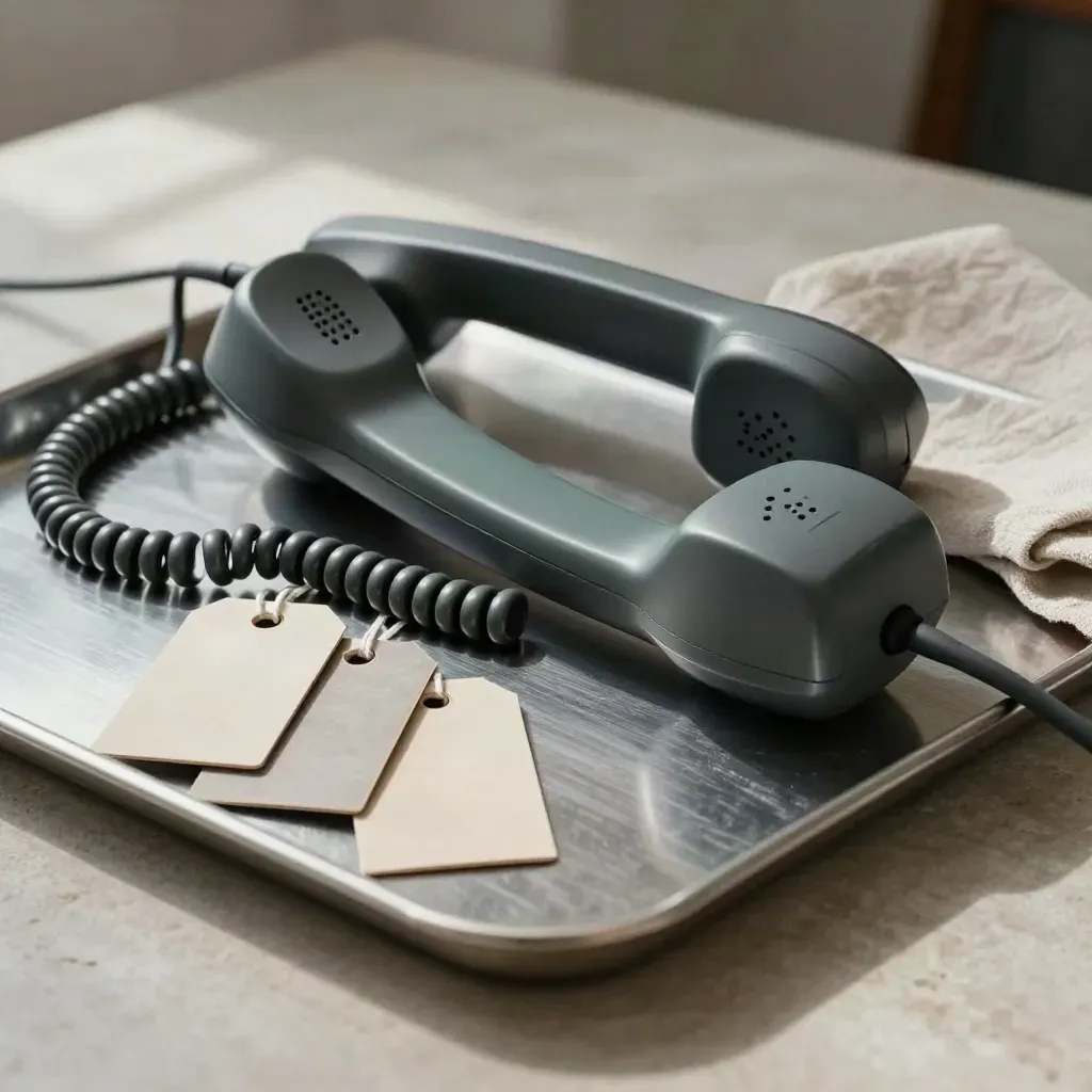 Brushed metal tray with handset, key fob and cargo tags in soft side light