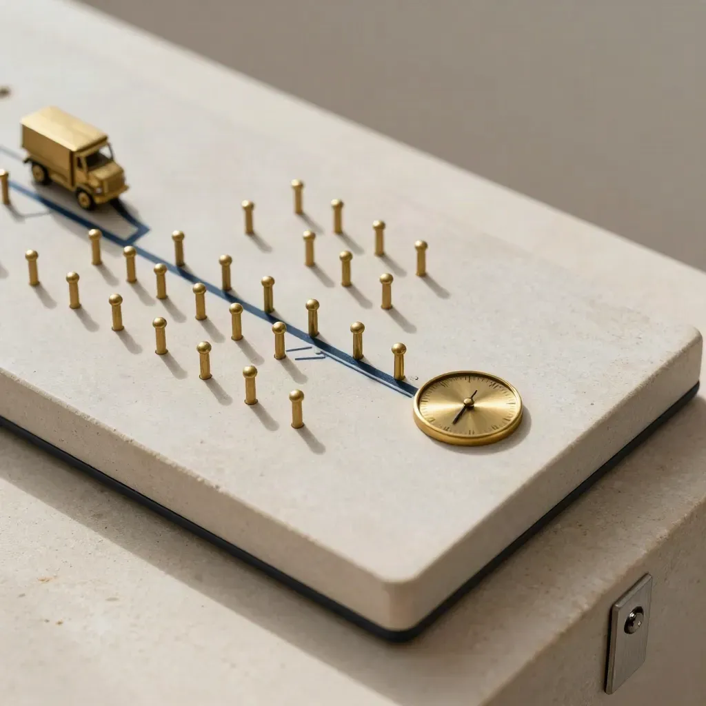 Overhead route board with brass pins and a miniature truck token on pale stone.