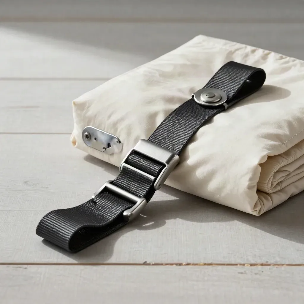 Ratchet strap, trailer seal and cargo blanket on pale wood in soft warehouse light.
