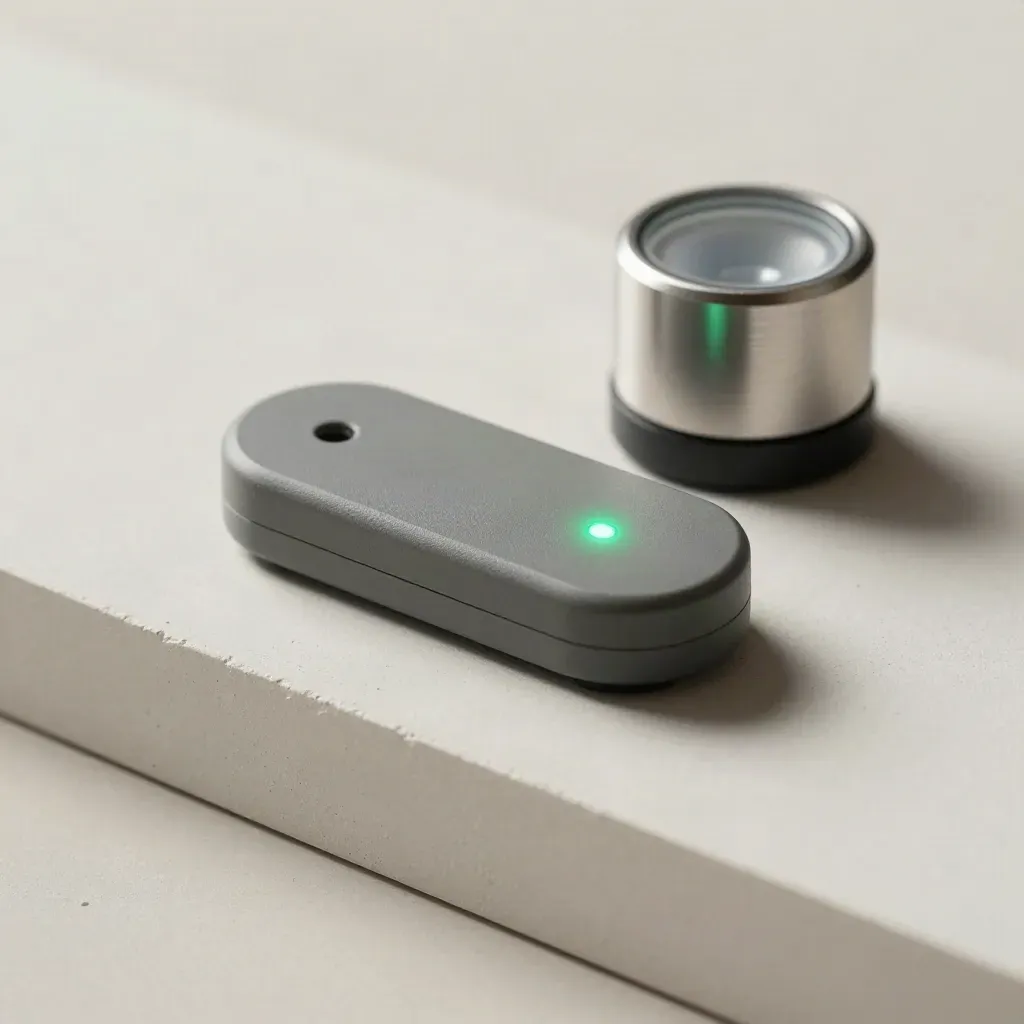 GPS tracker puck on a cradle with a glowing green status light on an off-white surface.