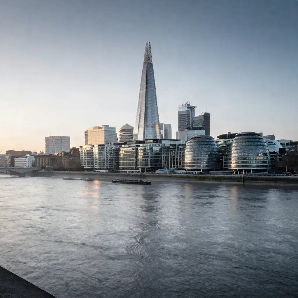 Hazy London skyline over the Thames at blue hour with The Shard and riverside towers