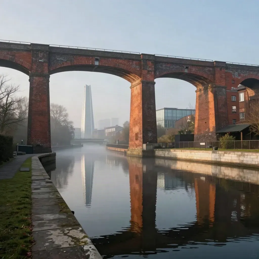 West Midlands canal basins and viaducts in golden mist with modern towers behind