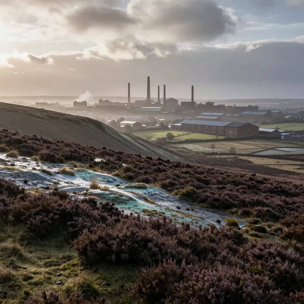 Moorland slopes toward a distant North West skyline under breaking cloud and wet golden light.