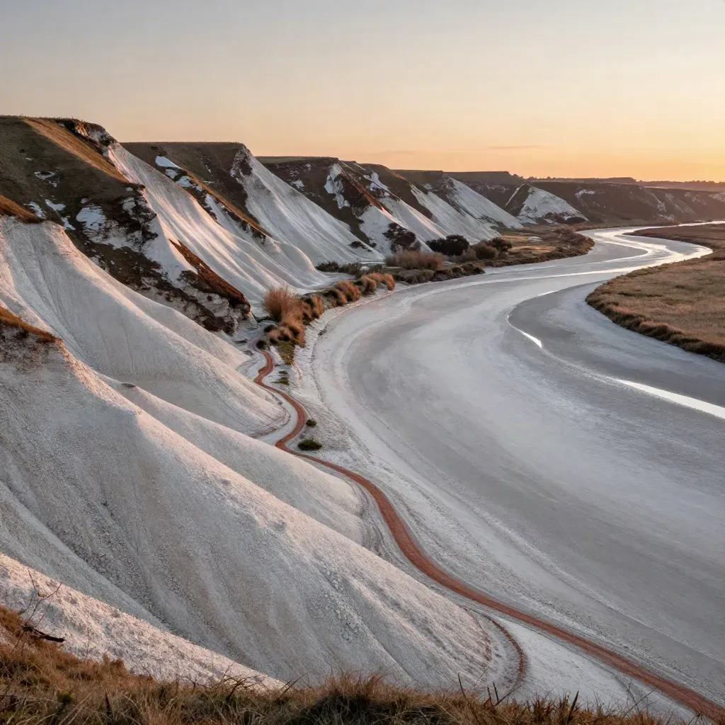 Chalk downs over a pale river valley in warm sunset haze